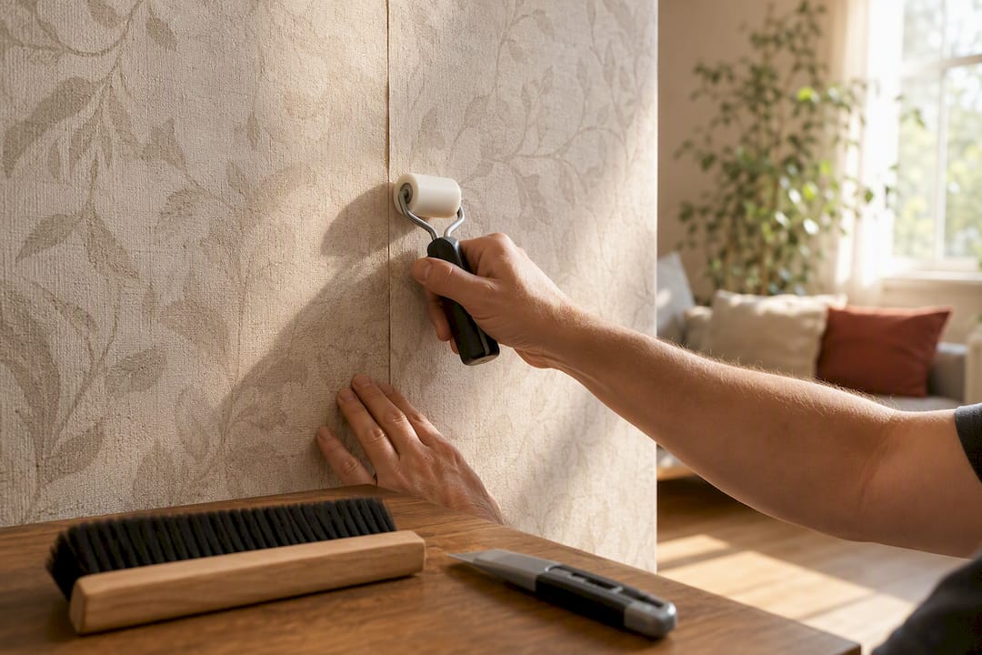 Hands rolling polymer seam roller on wallpaper seam
