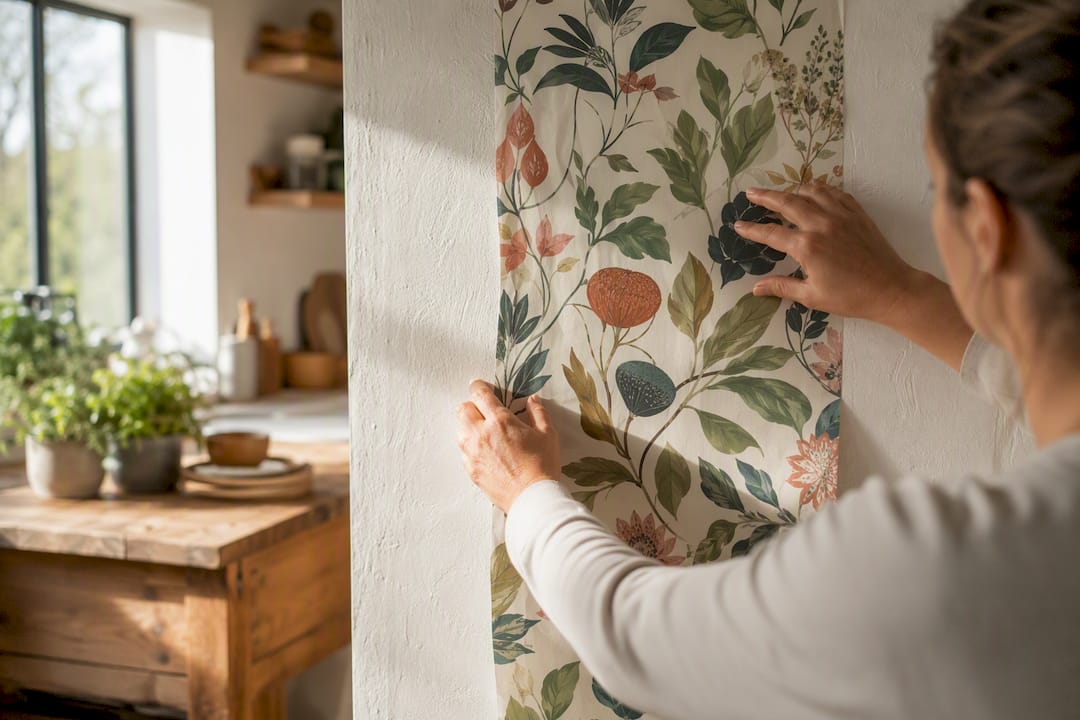 Hands smoothing wallpaper color sample on wall