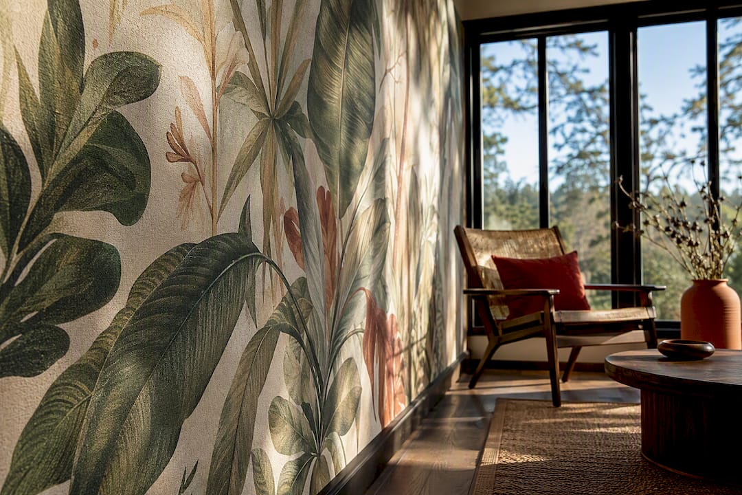 Botanical wallpaper mural in a warm sunroom