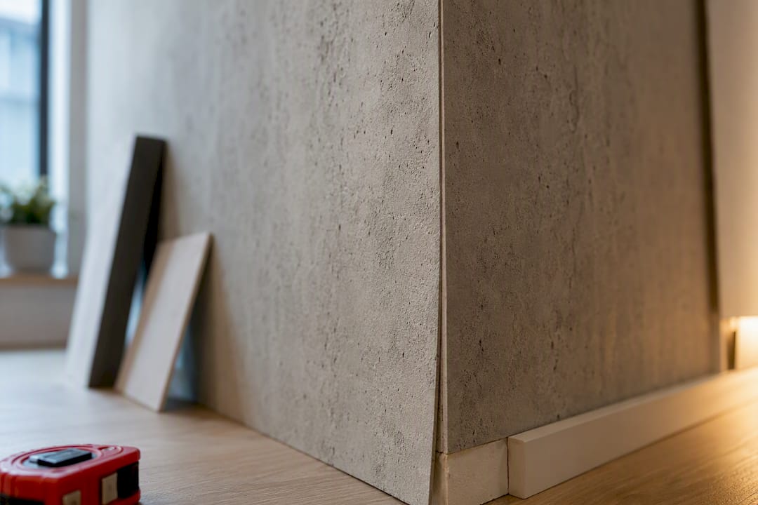 Faux concrete wallpaper texture on wall corner