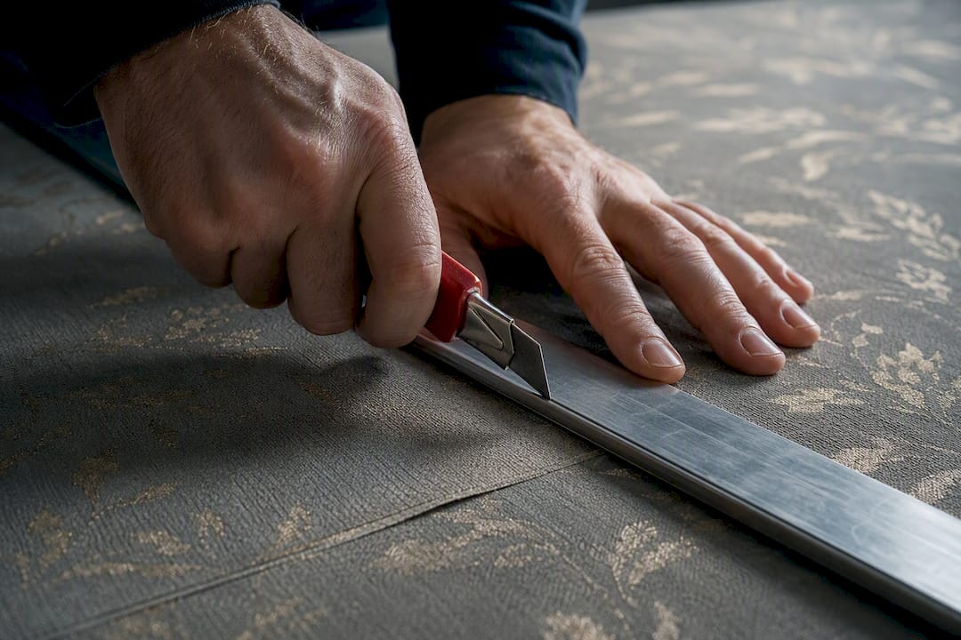 Hands double cutting overlapping wallpaper seam