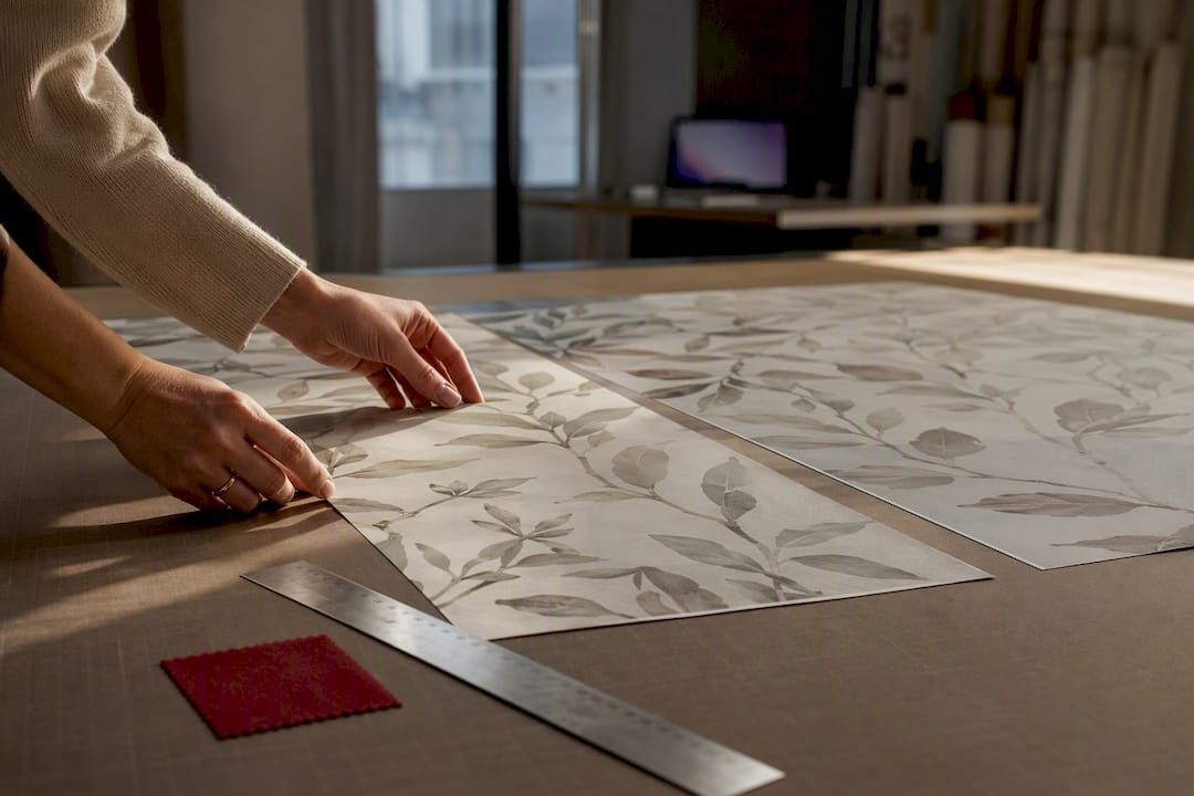 Hands reviewing printed wallpaper proof panels