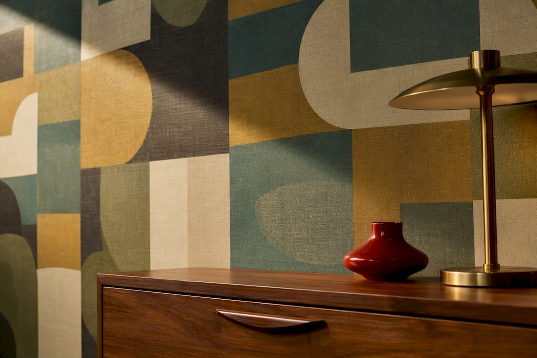 Mid-century geometric wallpaper accent wall