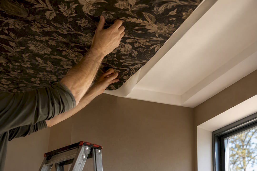 Installer aligning wallpaper on ceiling