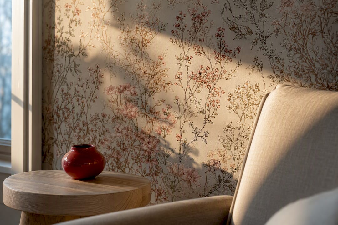 Floral wallpaper in an editorial reading nook