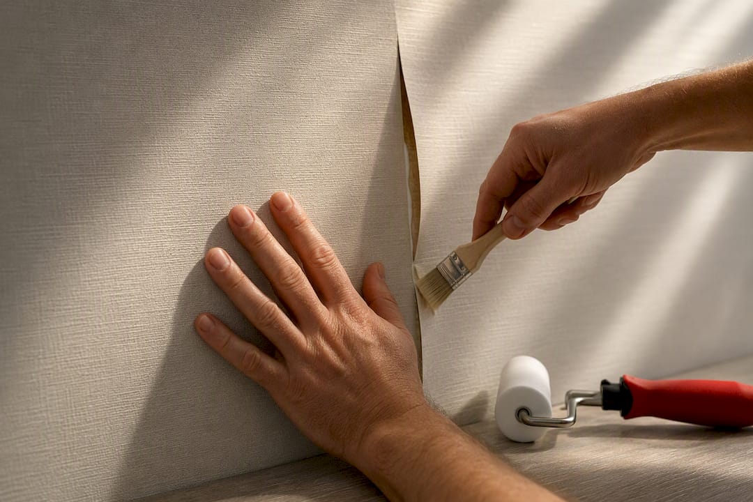 Hands repairing a lifted wallpaper seam