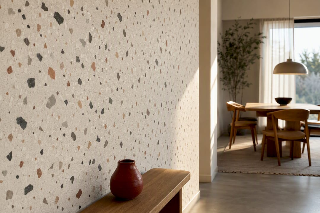 Terrazzo wallpaper in a styled dining interior