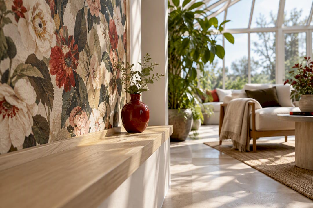 Floral wallpaper detail in a bright conservatory