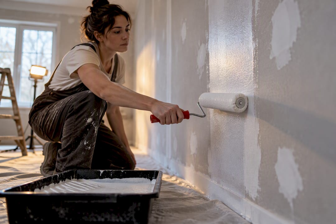 Primer being rolled onto repaired drywall