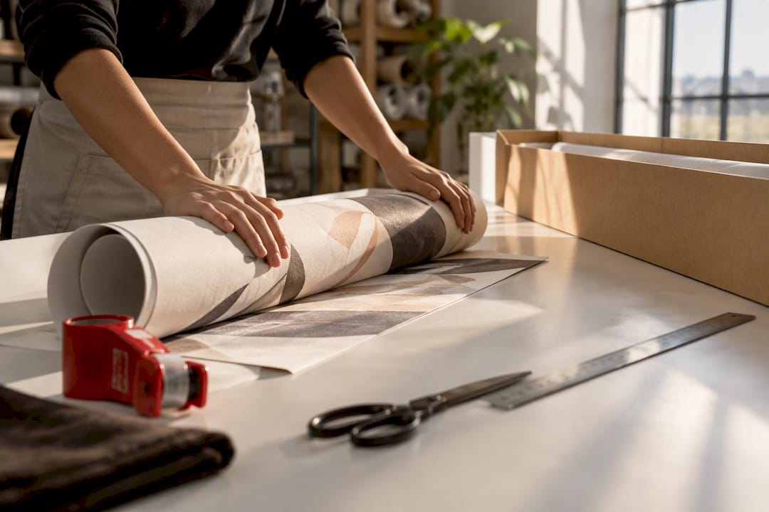 Wallpaper print finishing beside shipping carton