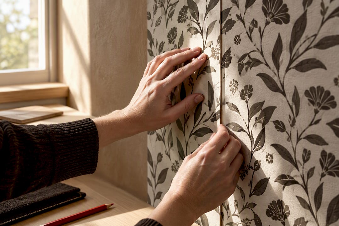 Hands aligning patterned wallpaper at seam