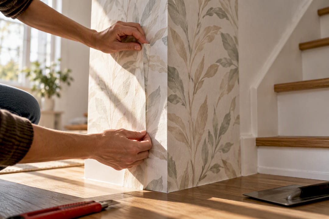 Hands wrapping wallpaper around outside corner