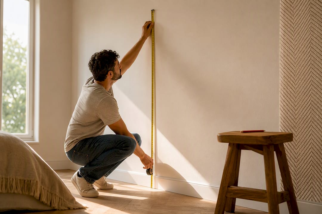 Homeowner measuring wall beside herringbone wallpaper