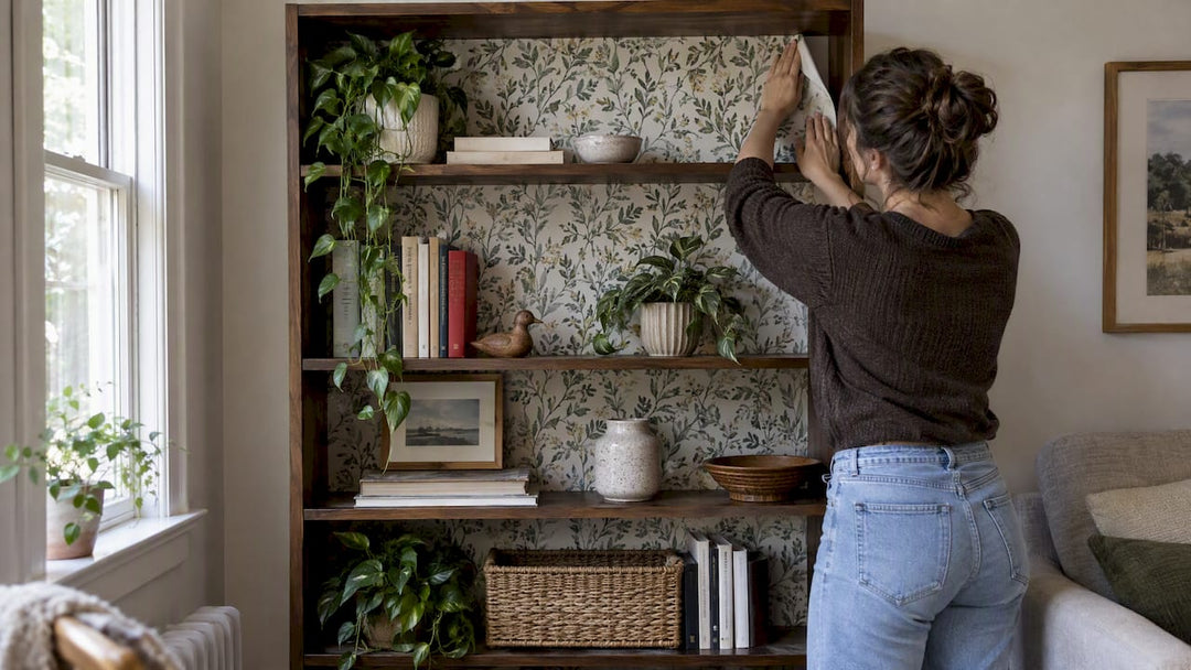 Renter applying wallpaper inside bookcase