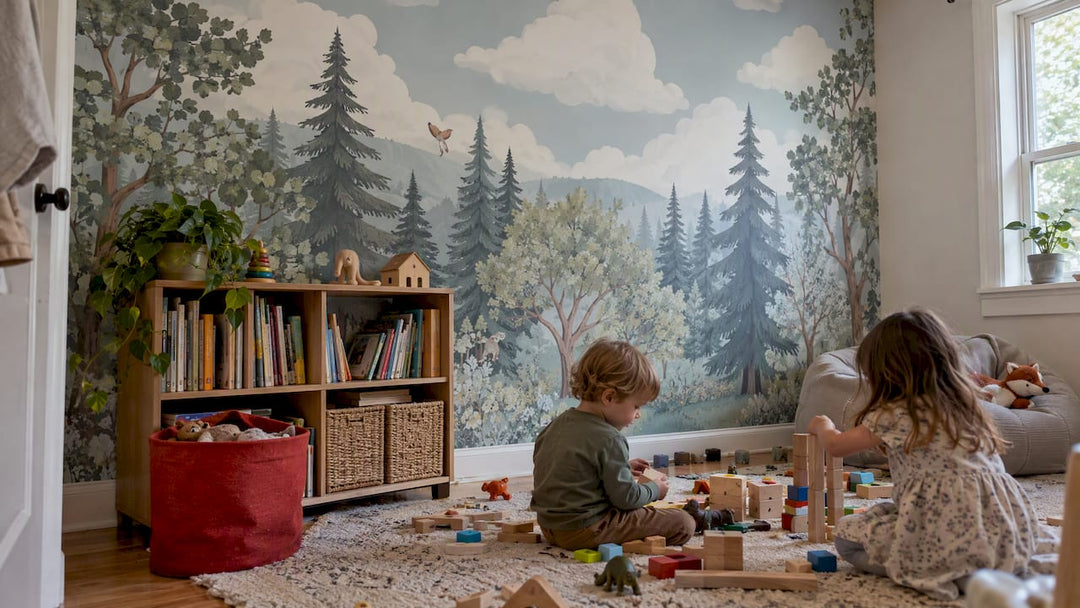 Forest and cloud wallpaper in a playroom