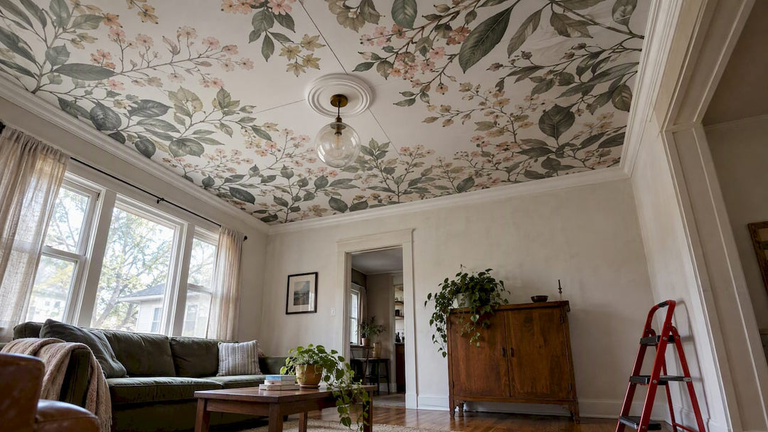 Custom ceiling mural centered around pendant light