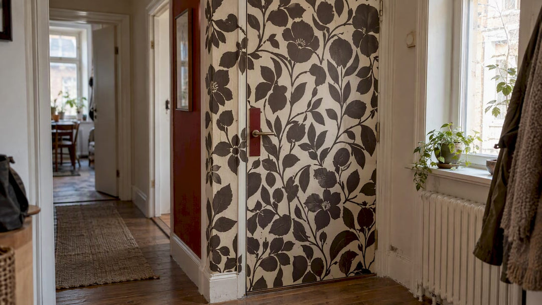 Bold wallpapered door in apartment entryway