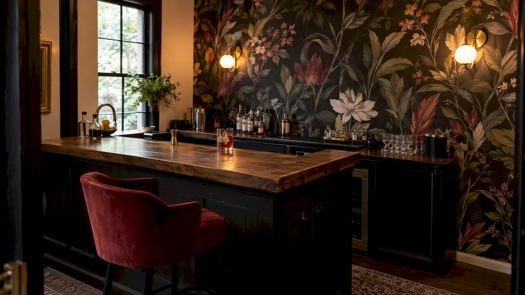 Moody botanical wallpaper behind home bar
