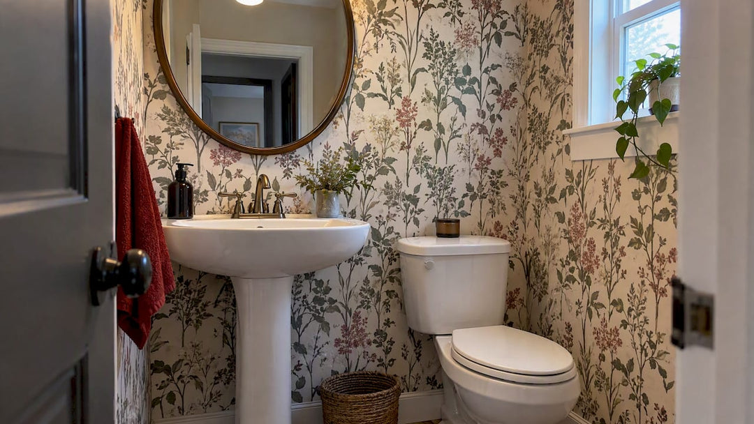 Powder room with a patterned wallpaper wall