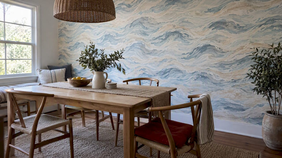 Watercolor wave wallpaper in a coastal dining nook