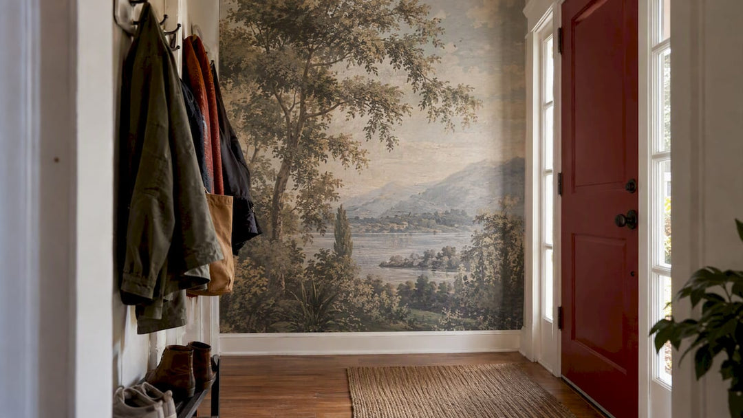 Scenic wallpaper mural in a compact foyer