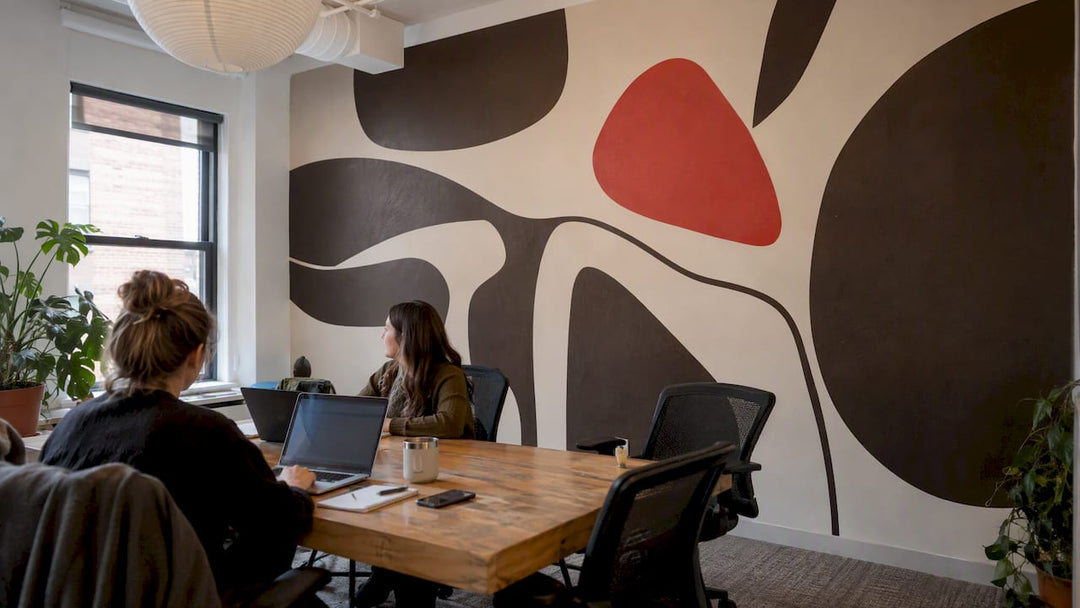 Abstract mural in an office collaboration room