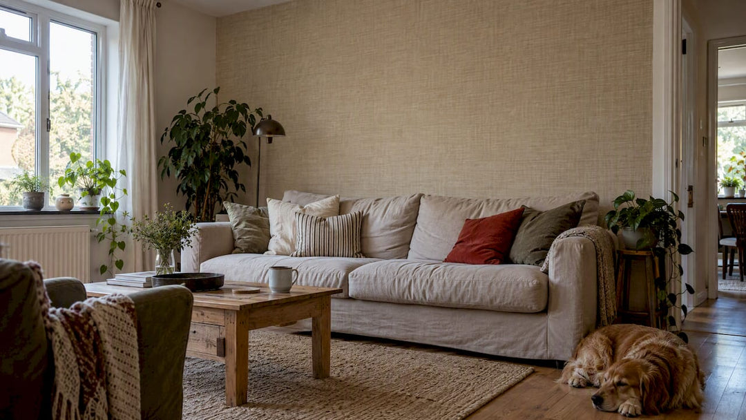 Quiet living room with warm neutral wallpaper