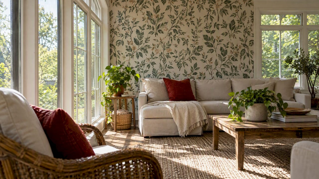 Sunroom with botanical wallpaper in direct sunlight