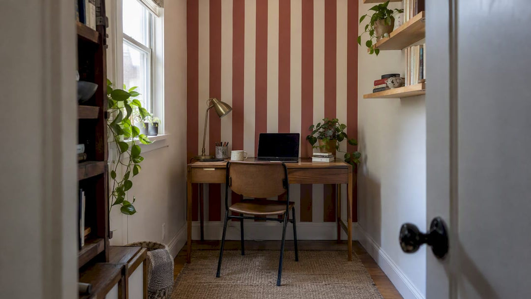 Striped wallpaper in a compact apartment study