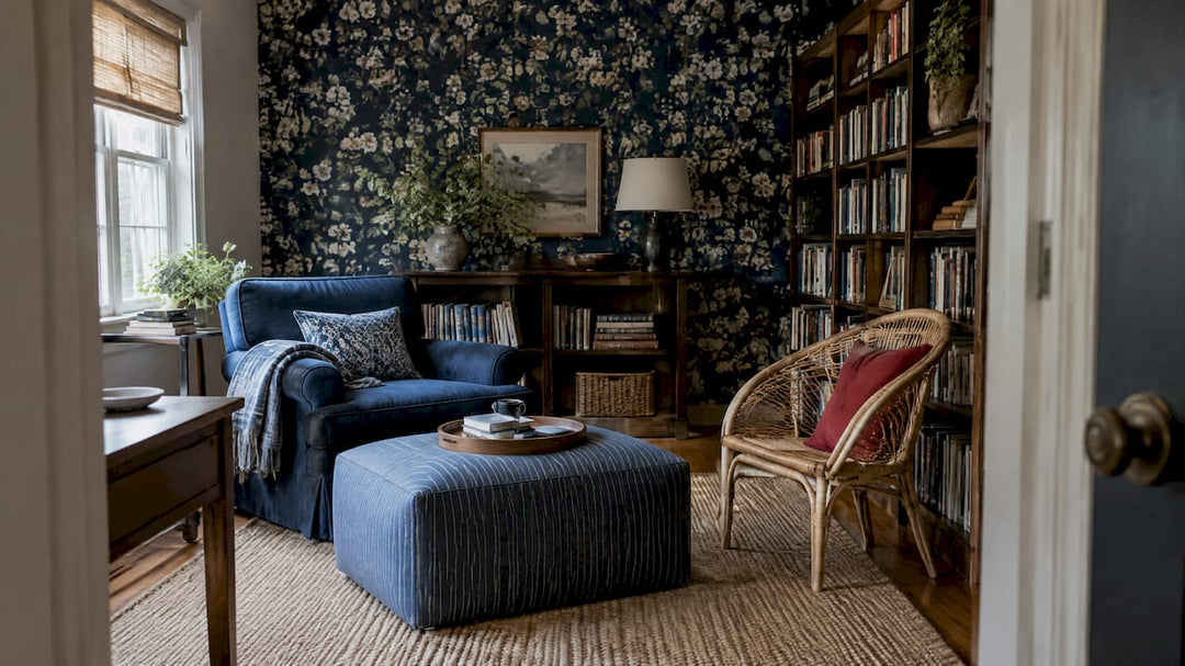 Navy floral wallpaper in a relaxed library
