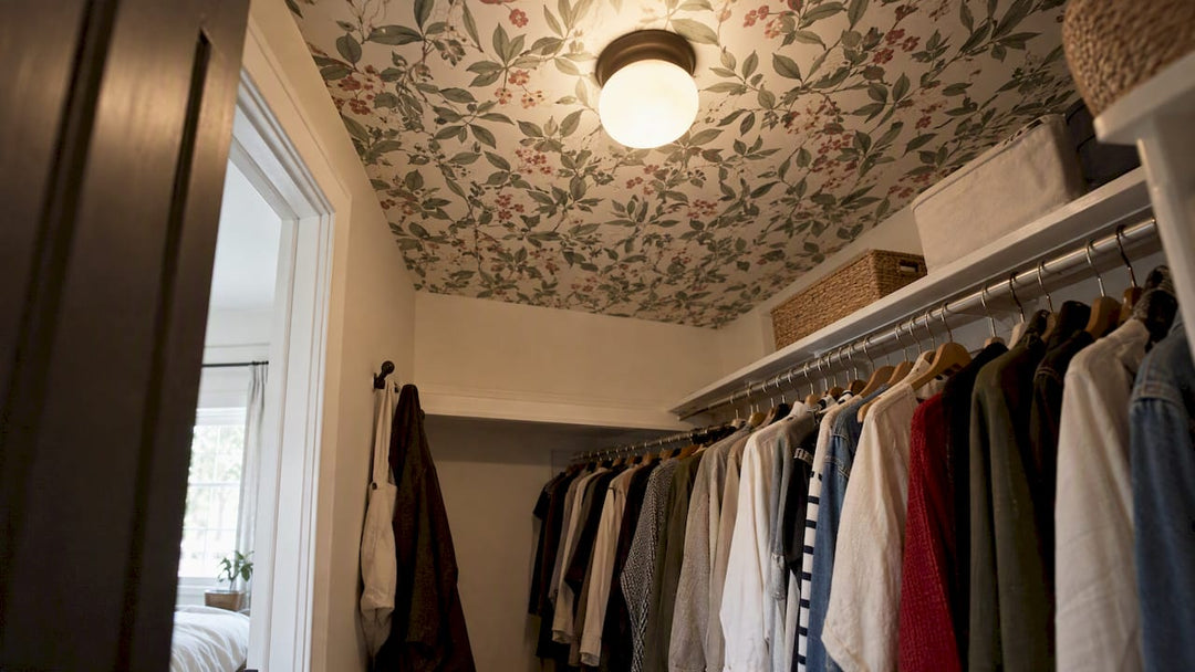 Botanical wallpaper covering a walk-in closet ceiling