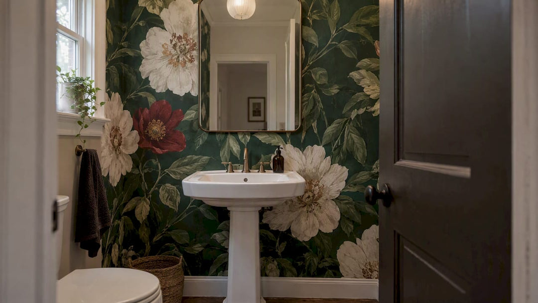Oversized floral wallpaper in a powder room