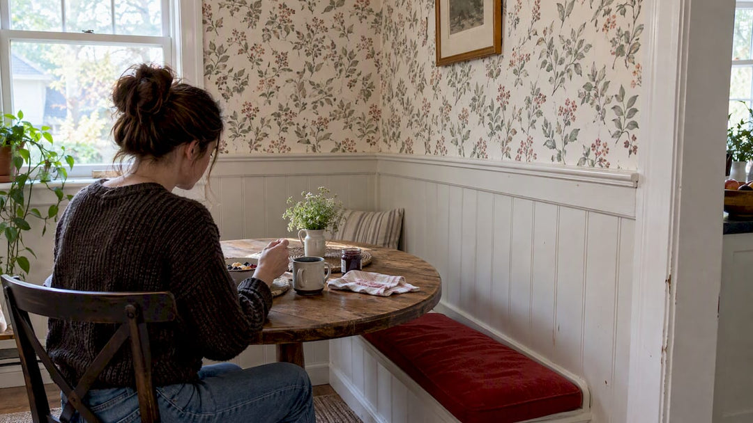 Patterned wallpaper above painted wainscoting