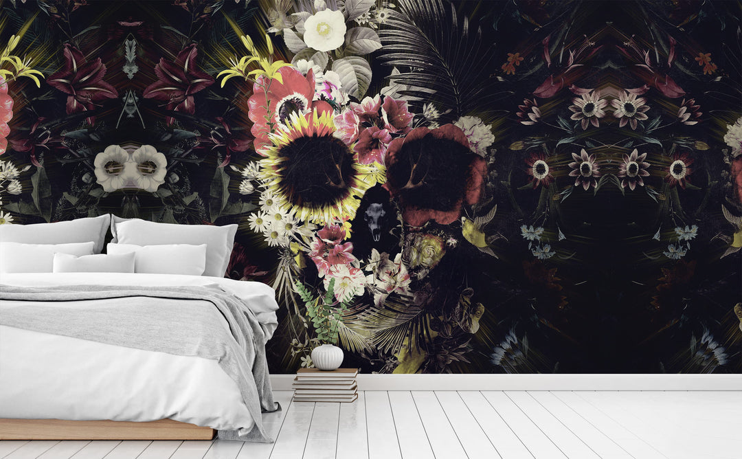 Warped Garden Skull wall mural in a bedroom | Walls Need Love