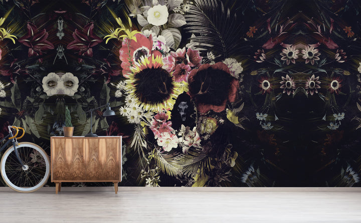 Warped Garden Skull wall mural in a hallway | Walls Need Love