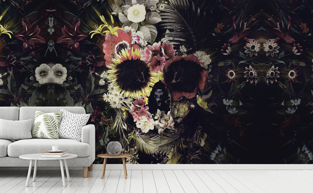 Warped Garden Skull wall mural in a living room | Walls Need Love