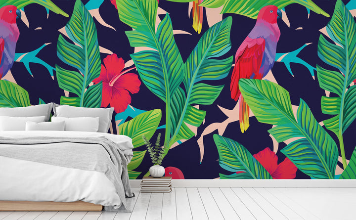 Hidden Parrots wall mural in a bedroom | Walls Need Love