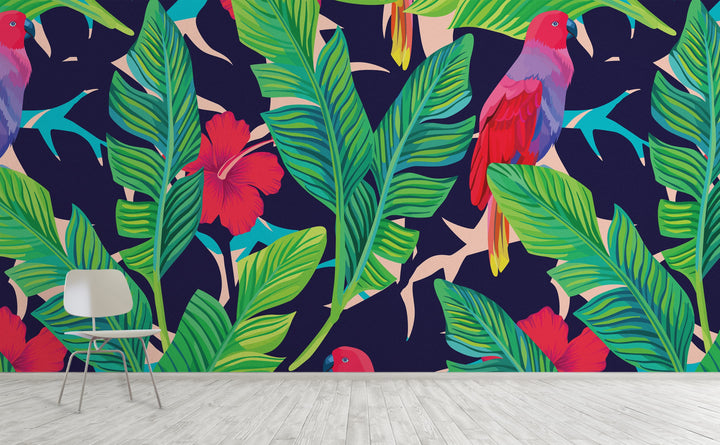 Hidden Parrots wall mural on an interior wall | Walls Need Love
