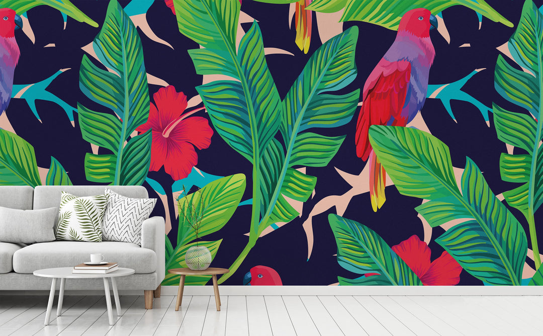 Hidden Parrots wall mural in a living room | Walls Need Love