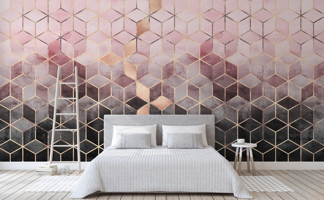 Pink Gray Gradient Cubes wall mural in a bedroom | Walls Need Love
