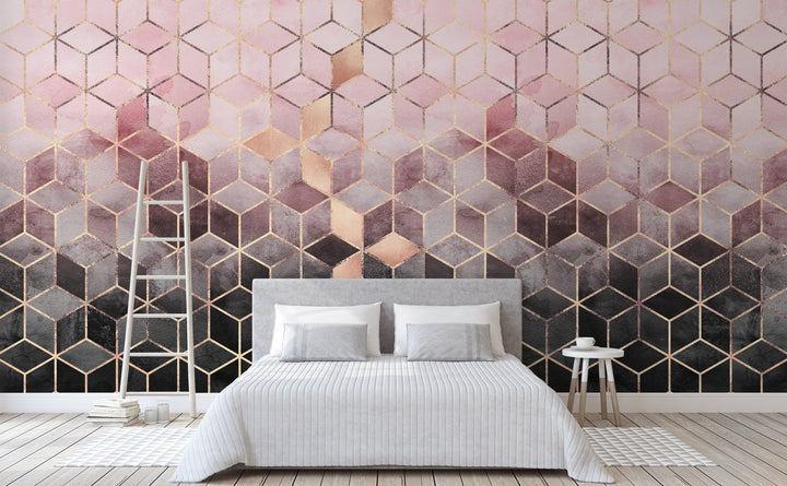 Pink Gray Gradient Cubes wall mural in a bedroom | Walls Need Love