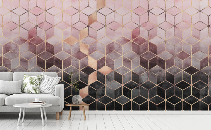 Pink Gray Gradient Cubes wall mural in a living room | Walls Need Love