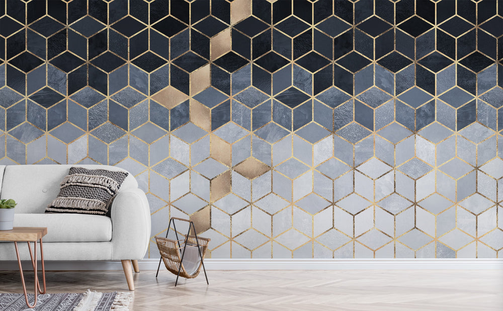 Soft Blue Gradient Cubes wall mural in a living room | Walls Need Love