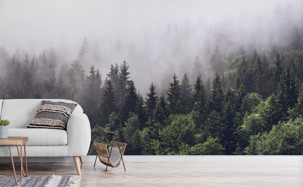 Misty Forest wall mural in a living room | Walls Need Love