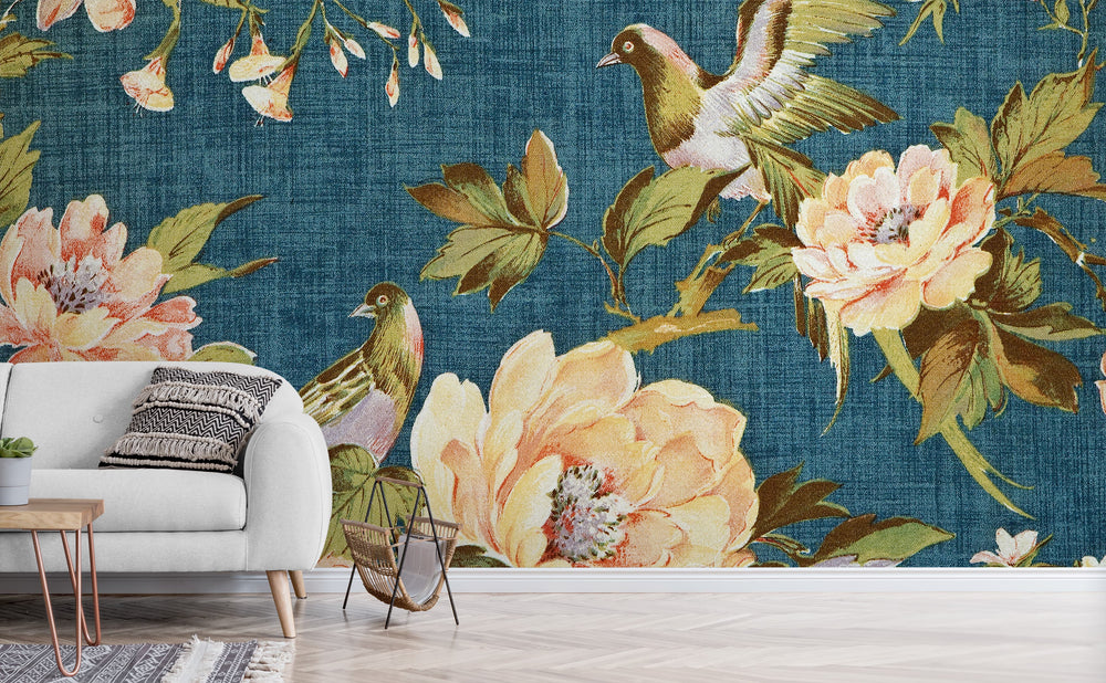 Vintage Fabric wall mural in a living room | Walls Need Love