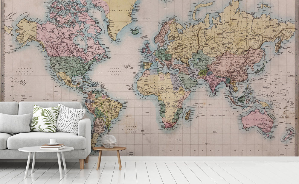 Vintage Map wall mural in a living room | Walls Need Love