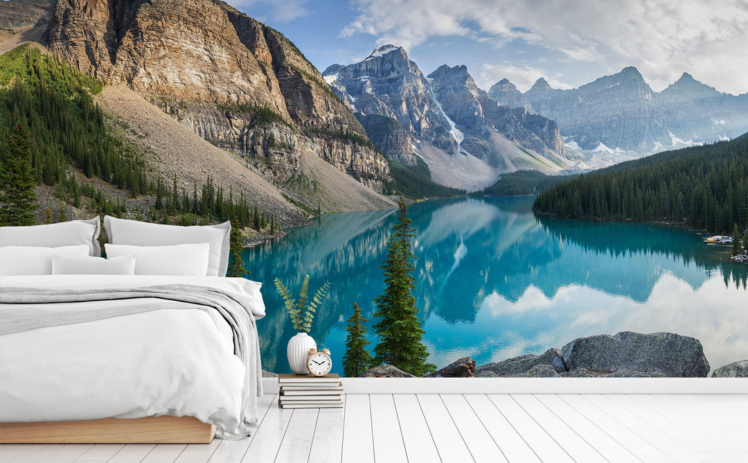 Moraine Lake wall mural in a bedroom | Walls Need Love