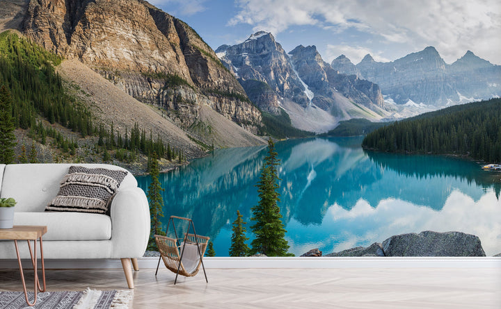Moraine Lake wall mural in a living room | Walls Need Love