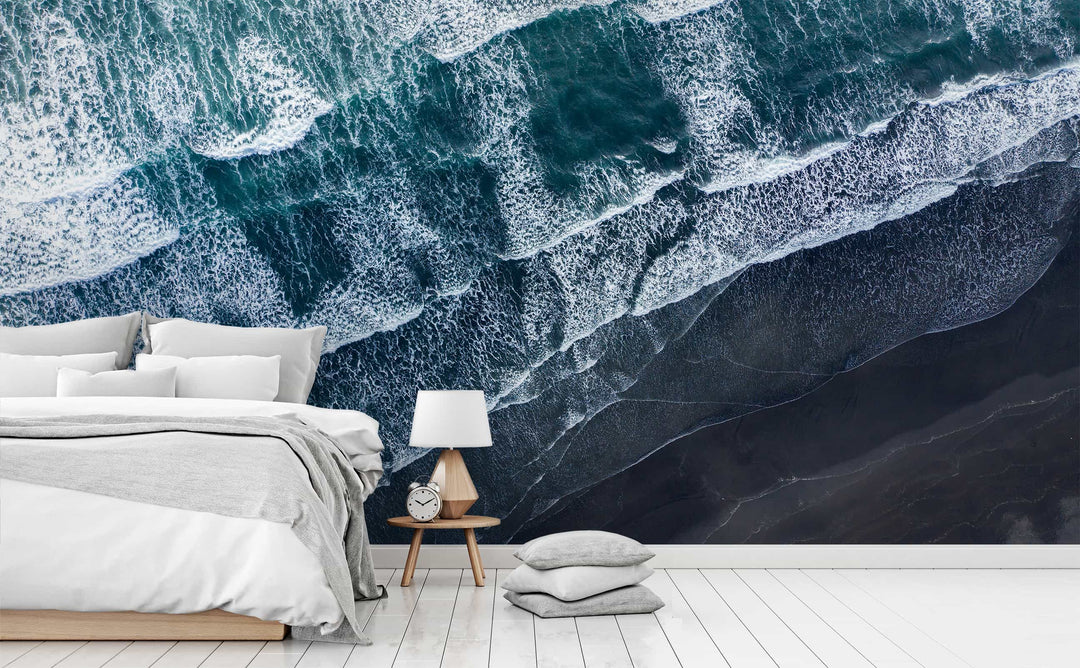 Black Sand Beach wall mural in a bedroom | Walls Need Love