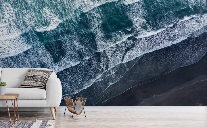 Black Sand Beach wall mural in a living room | Walls Need Love